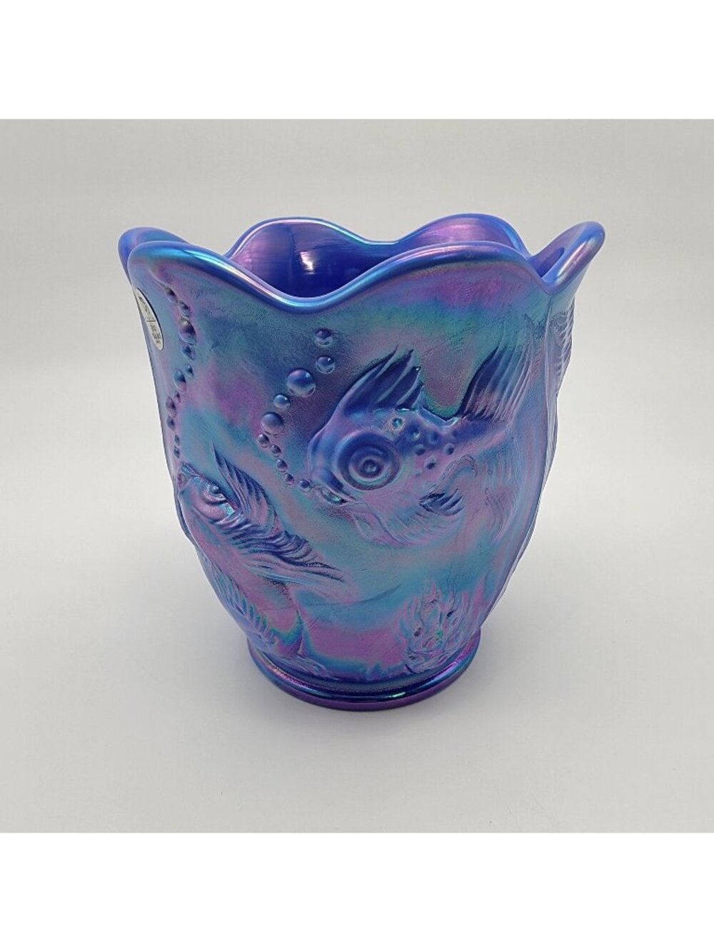 Fenton Glass 2004 Atlantis Periwinkle Iridescent Blue Fish Vase